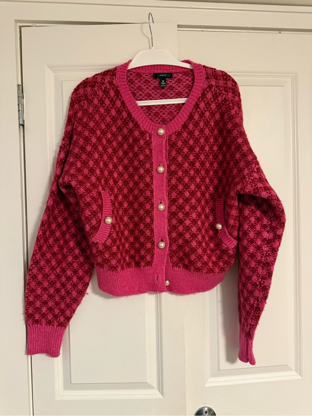 Aqua Hot Pink Pearl-Button Patterned Cardigan